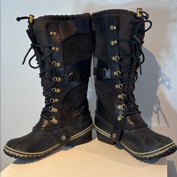 SOREL Boots Conquest Carly Tall Suede Leather Duck Black Size 6.5 - Picture 8 of 12